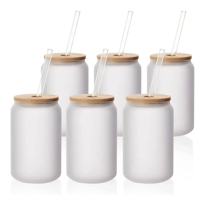 Lattine di vetro per sublimazione da 13 once vuote smerigliate con coperchio in bambù e cannuccia di vetro trasparente